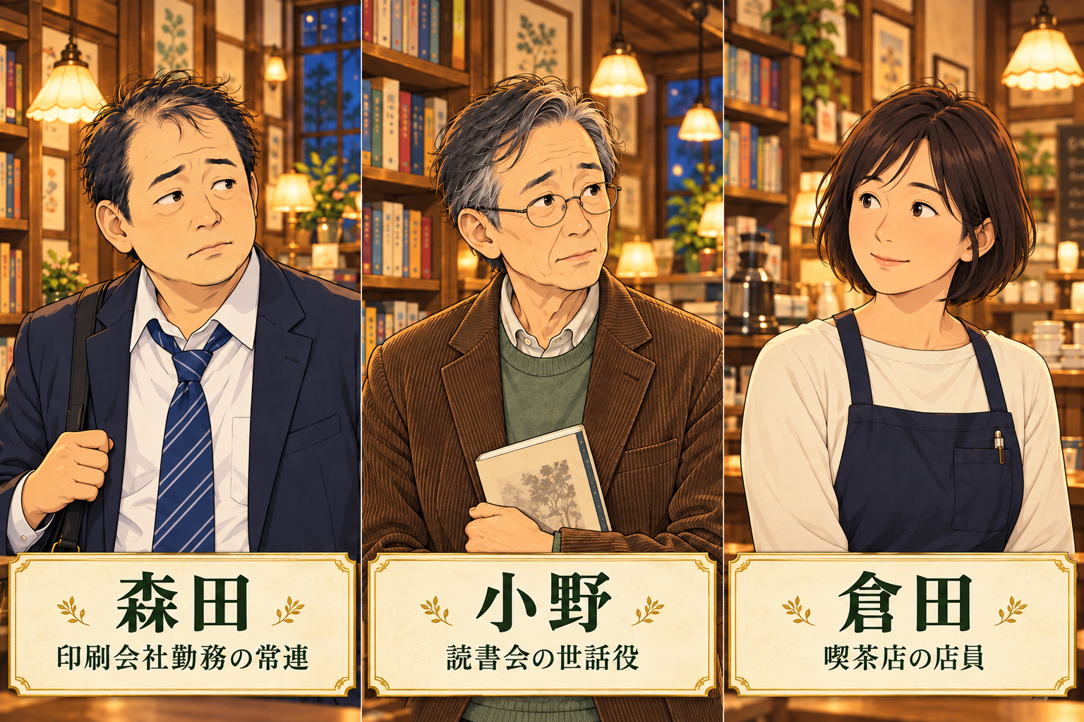 常連の森田、本を届ける小野、喫茶店員の倉田