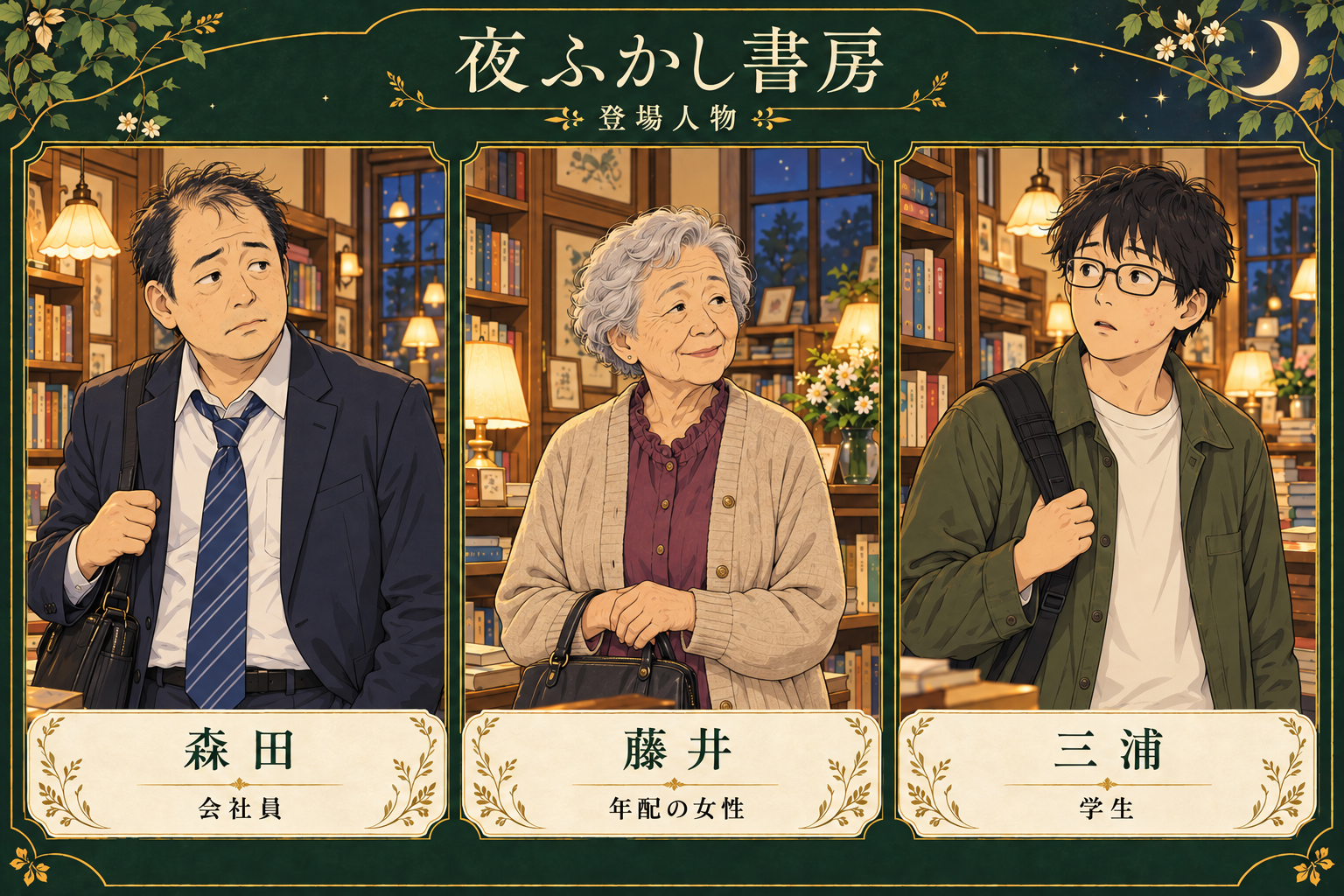 会社員の森田、年配の女性の藤井、大学生の三浦